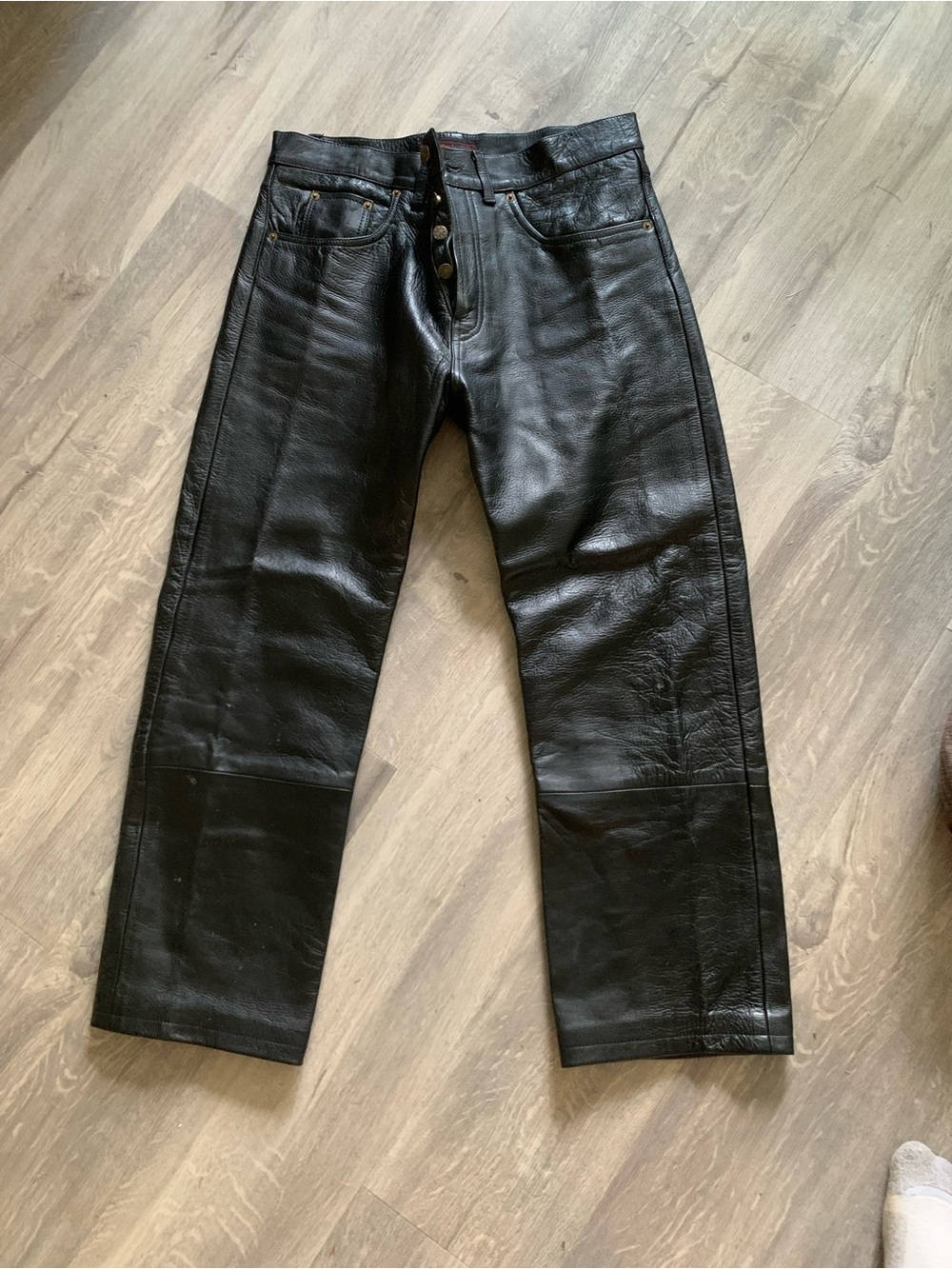 Men's Black Leather Motorcycle Button Fly Jeans - Classic Straight Fit.